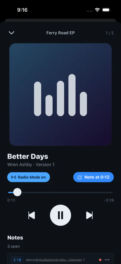 The StudioTrackr iOS app playing Better Days, with a note button carrying the current timestamp.