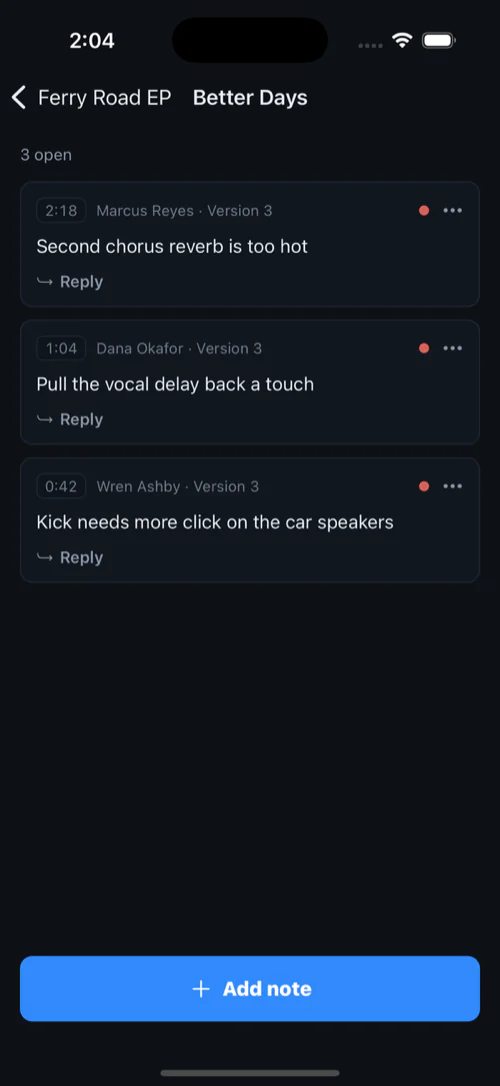 The same notes on the iOS app: three timestamped notes from three collaborators on Better Days.